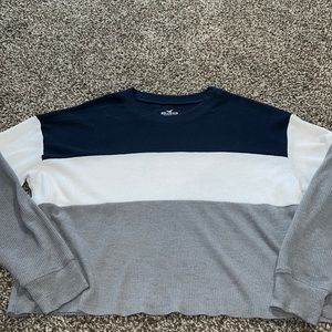 Hollister, blue white, and grey long sleeve